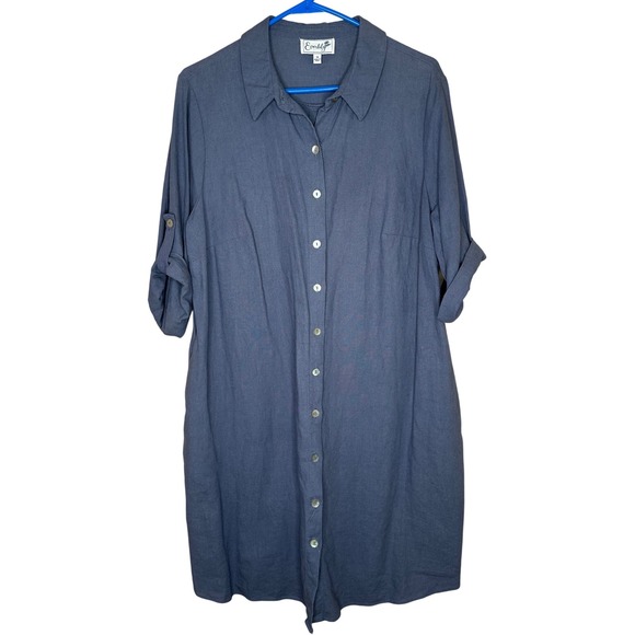 Everlily Button-Down Shirt Dress Roll-Up‎ Sleeves Women's 1X Linen Blend Pockets - Picture 1 of 7